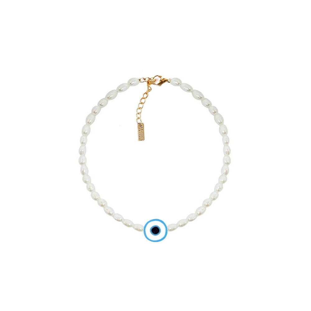 NEW ADRIANA PAPPAS women's evil eye pearls anklet in white/blue/gold